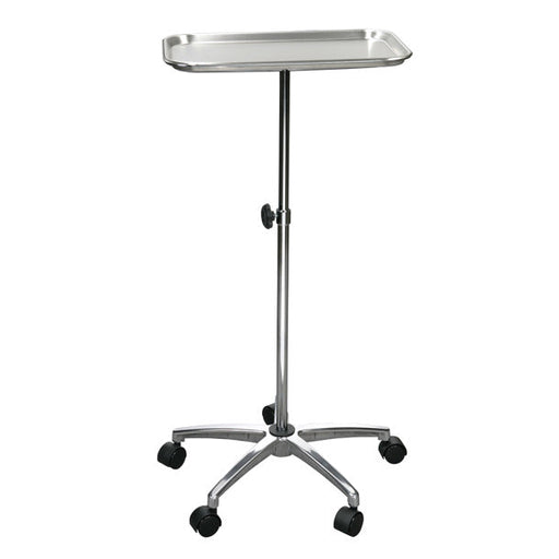 Stainless steel medical tray table on wheels with a white background