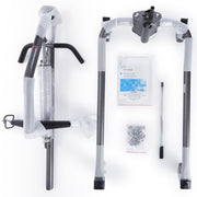 Set of bicycle components including handlebars and frame on a white background