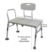 Gray adjustable bath chair with measurements on a white background