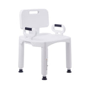 White shower chair with backrest and armrests on a white background
