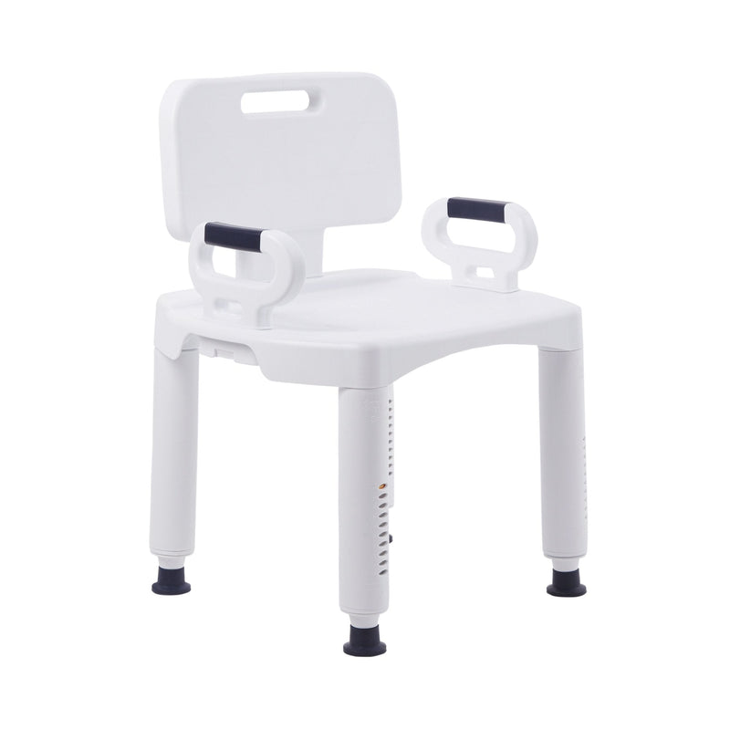 White shower chair with backrest and armrests on a white background
