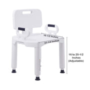 White adjustable shower chair with measurements on a white background