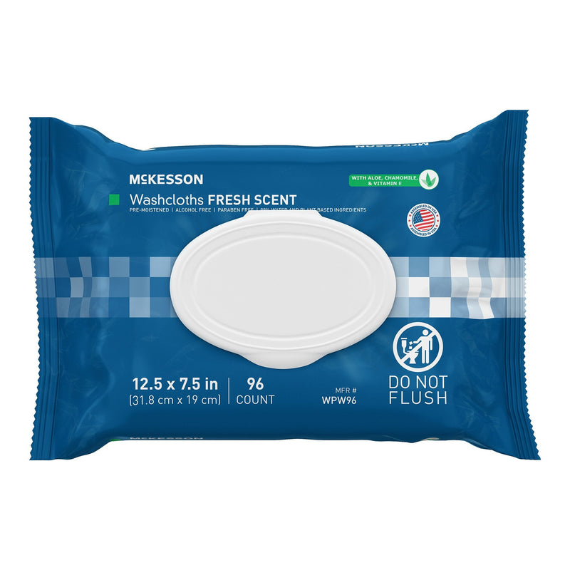 Blue McKesson washcloths packaging with white washcloths on a white background