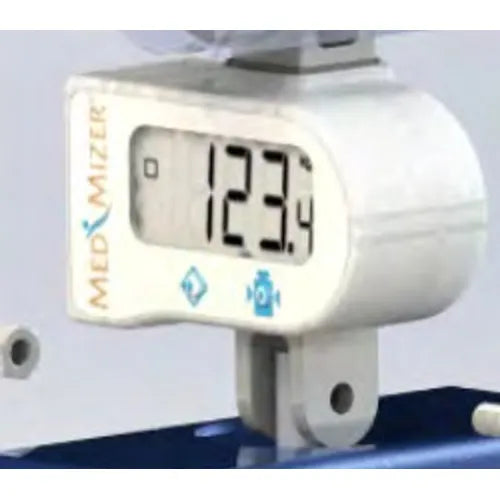A close-up of a white scale device with a display reading 123.9 and the brand name MED MIZER printed vertically on the side.
