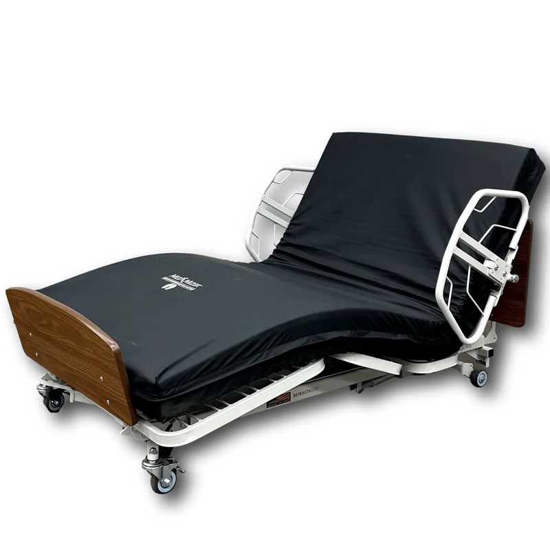 A hospital-style adjustable bed with a black fitted sheet and mattress cover, shown on a white background. The bed frame is white metal with wood-toned head and foot boards, and casters are visible at the base.