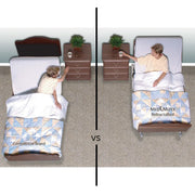 A side-by-side comparison graphic showing a hospital bed with an elderly woman reaching for a nightstand in the left bed, versus the same bed retracted and comfortable in the right bed labeled 'MED-MIZER RetractaBed.' The left bed is labeled 'Competitive Brand.