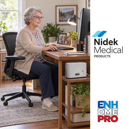 An elderly woman sits at a wooden desk using a computer in a bright home office. A white Nidek Medical Products ENH DME PRO device rests on the desk shelf beside her.