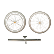 Two bicycle wheels with a horizontal bar on a white background