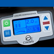 O2 Concepts oximeter display with digital readout on a blue background