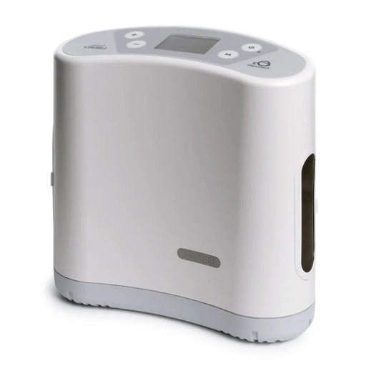 White and gray oxygen concentrator with digital display on a white background