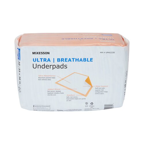 Package of McKesson ultra breathable underpads on a white background