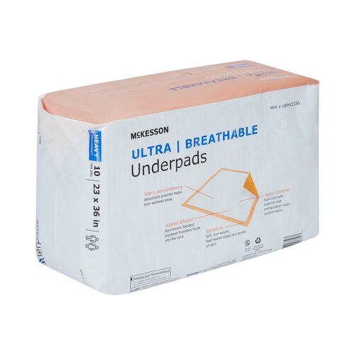 Box of McKesson ultra breathable underpads on a white background
