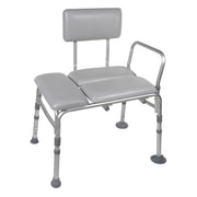 Gray medical bath chair with backrest and armrests on a white background