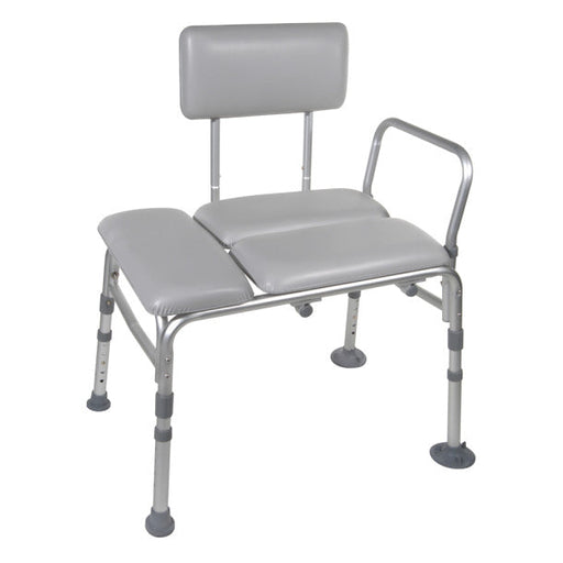 Gray medical bath chair with backrest and armrests on a white background