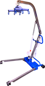 A medical patient lift with a blue base, silver metal frame, and blue hoist arm and handles, shown on a plain white background.