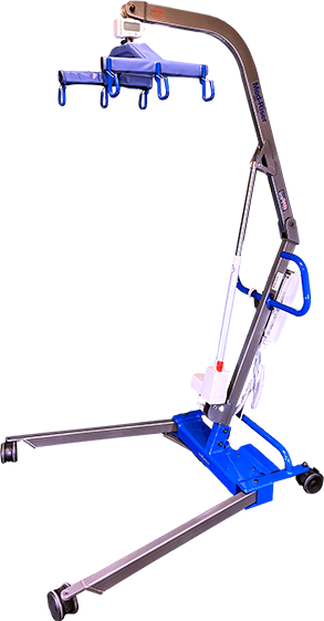 A medical patient lift with a blue base, silver metal frame, and blue hoist arm and handles, shown on a plain white background.