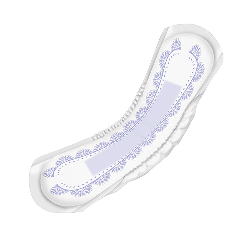 White sanitary pad with decorative blue patterns on a white background