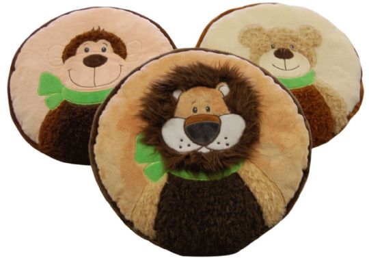 Three plush toys shaped like cookies with animal faces on a white background
