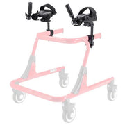 Pink walker frame with black handles on a white background