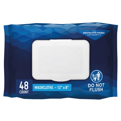Pack of washcloths with blue and white design on a white background