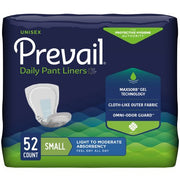 Package of Prevail daily pant liners with product details on a blue and green background