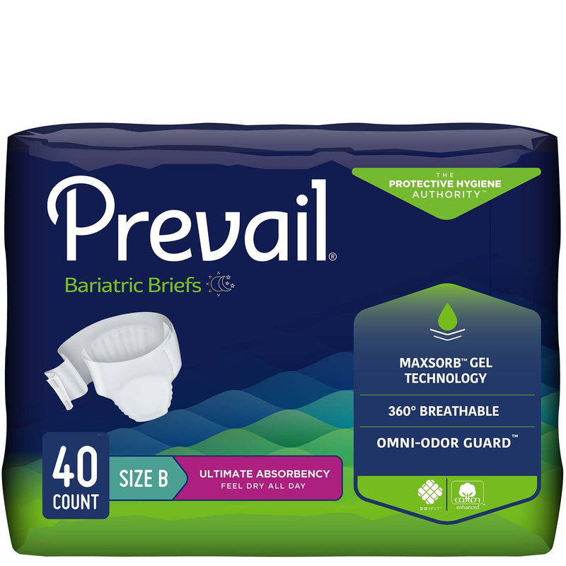 Package of Prevail Bariatric Briefs with product details on a white background