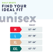 unisex daily brief size chart with waist measurements