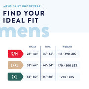 male daily underwear size chart with waist, hips, and weight ranges.