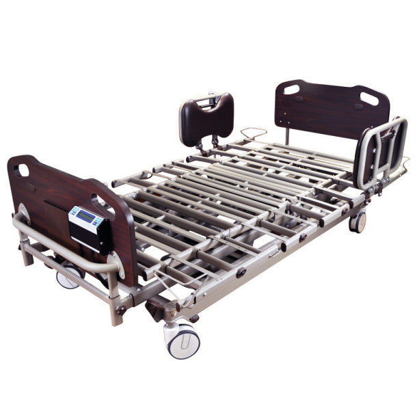 Hospital bed with wooden head and foot panels on a white background