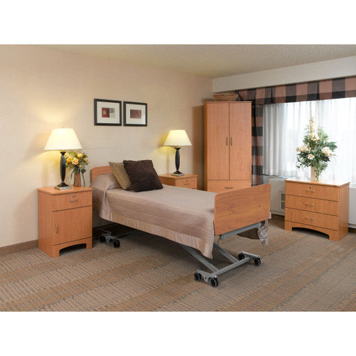 Wooden bedroom furniture set with bed, nightstands, and wardrobe in a room.
