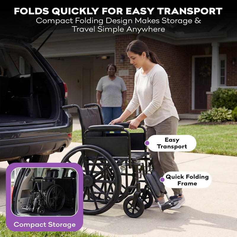 Woman pushing a folded wheelchair next to an open car trunk with text highlighting easy transport and quick folding features.