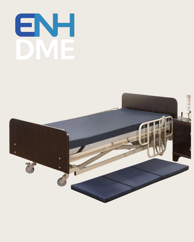 Tri-fold fall mat next to hospital bed