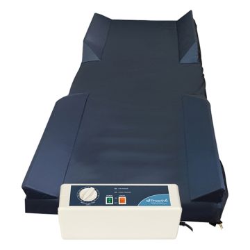 Blue air mattress with a control unit on a white background