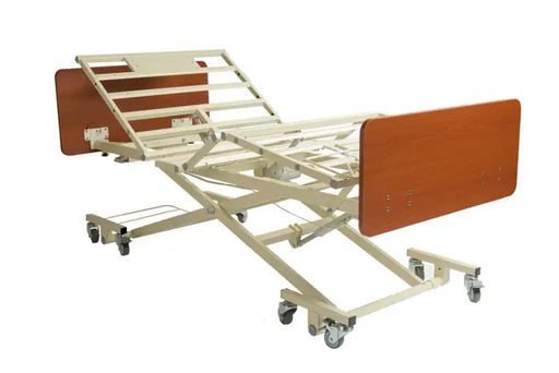 Electric hospital bed with adjustable head and foot sections on a white background