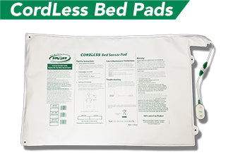 Cordless bed pad with label on a white background