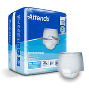 Attends maximum absorbency underwear packaging with a sample piece on a white background