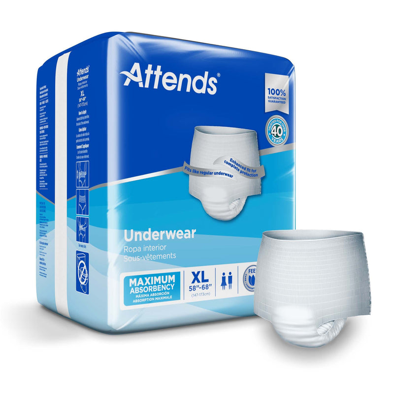 Attends maximum absorbency underwear packaging with a sample piece on a white background
