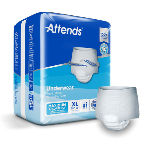 Attends maximum absorbency underwear packaging with a sample piece on a white background