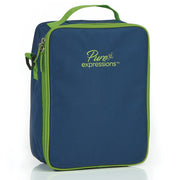 Blue shoe bag with green trim and 'Pure expressions' logo on a white background