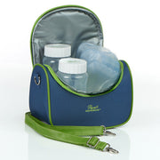 Blue and green insulated bag with baby bottles inside on a white background