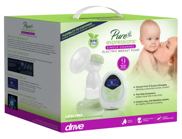 Pure Expressions electric breast pump packaging with a baby and mother illustration.