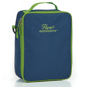 Blue shoe bag with green trim and 'Pure expressions' logo on a white background