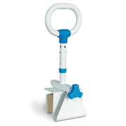 Children's shovel with a white handle and blue accents on a white background