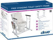 Box of a free-standing toilet safety frame with product details on a white background