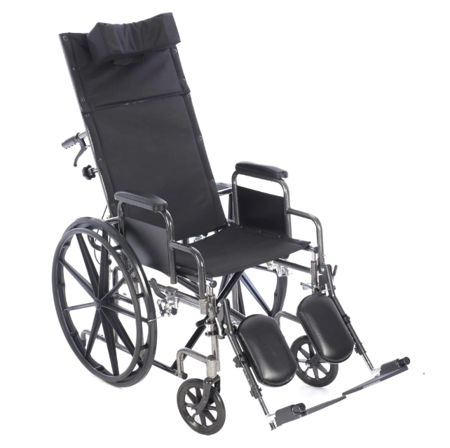 Black wheelchair with reclining backrest on a white background