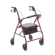 Red rollator with a black seat on a white background
