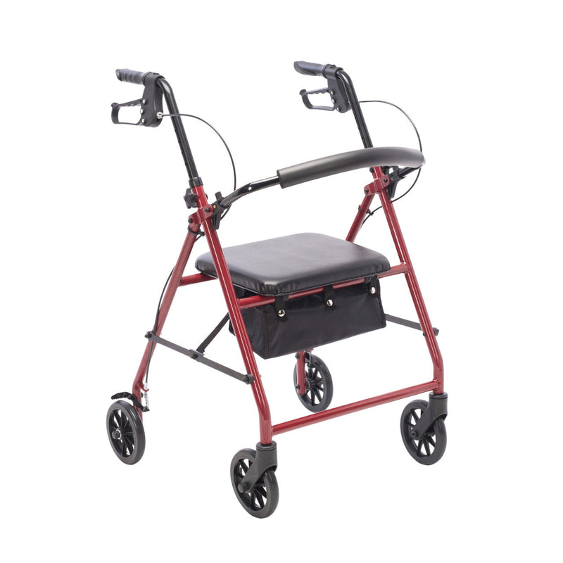 Red rollator with a black seat on a white background