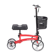 Red knee scooter with black seat and basket on a white background