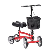 Red knee scooter with black seat and basket on a white background