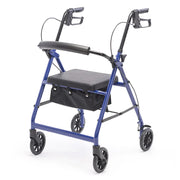 Blue rollator with a black seat on a white background